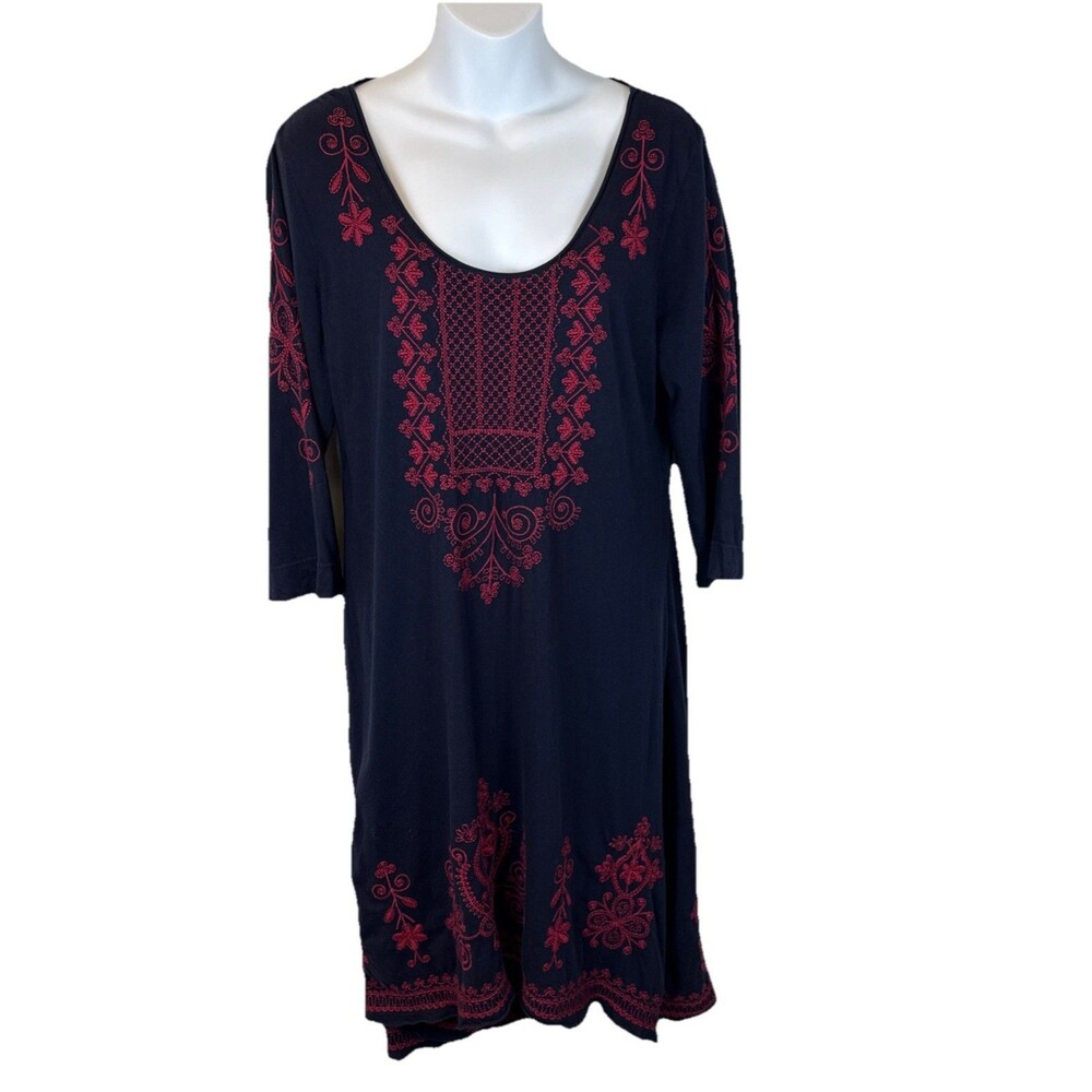 Johnny Was Navy Cotton Embroidered Tunic Dress L High Low Red Boho Peasant